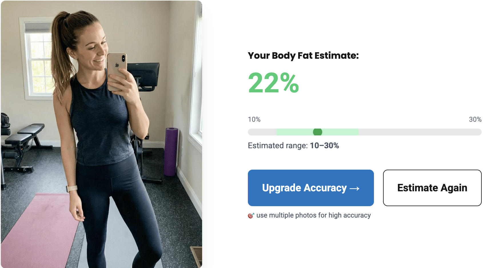 AI body fat estimation example showing photo input and estimated body fat percentage